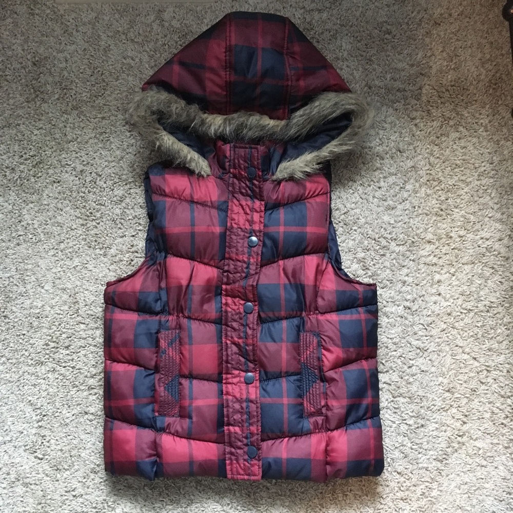 Plaid Puffer Vest with Fur Hood